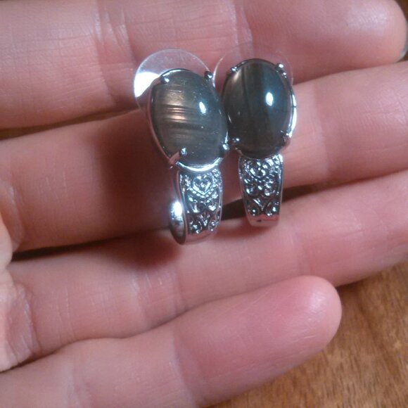 Madagascar Fire Labradorite Stainless Steel Solitaire Stud Earrings - Picture 7 of 14